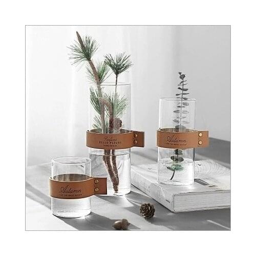 3 Size Nordic Gentry Leather Strap Hydroponic Flower Floral Home Deco Modern Minimalist Straight Glass Vase