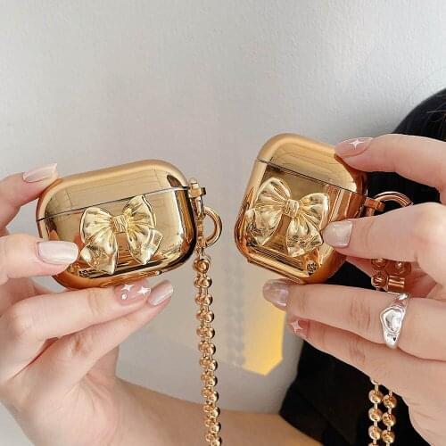 Luxury Plating Bow Crossbody Lanyard Case for Apple Airpods 2 3 Soft Bluetooth Earphone Accessories Case for Air Pods Pro Case