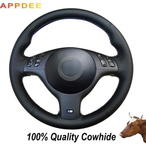 APPDEE Black Genuine Leather Hand-stitched Steering Wheel Cover for BMW E46 E39 330i 540i 525i 530i 330Ci M3 2001-2003