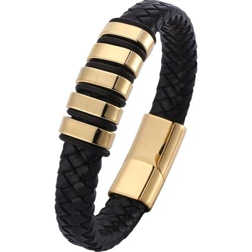 Black Genuine Leather Braided Bracelet Men Golden Accessories Fashion Bangles Jewelry Friend Gifts