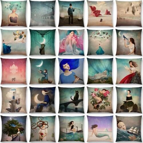 Double print Lady Lovely Girl Shakespeare Fantasy Painting Moon Night Swan Dream Trees Cushion Cover Sofa Throw Pillow Case 45cm