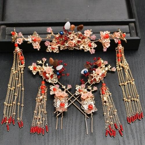 New Xiu He Dress Tiara Bride Chinese Red Phoenix Crown Earrings Ancient Dress Xiu He Wedding Wedding Hair Ornaments