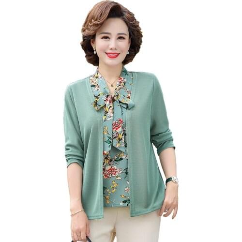 Fake Two Pieces Women Top Bow Collar T-Shirt Middle Age Mother Clothing 2021 Spring Autumn 5XL Large Size Long Sleeve Pullover