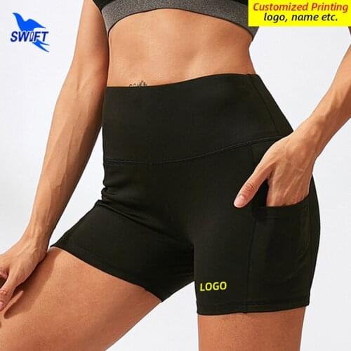 Customize LOGO Women Gym Shorts High Waist Push Up Cycling Sports Short Leggings with Pocket Jogging Running Fitness Short Pants