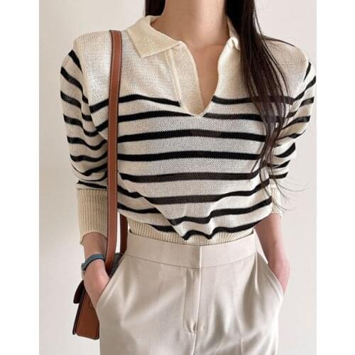 Korea Chic Simple Polo Collar Hit Color Stripes Loose Casual All-Match Thin Anti-Sai Puff Sleeve Sweater Women