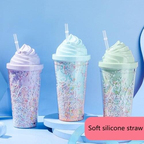Creative Mug Ice Cream Ice Cup Double Plastic Water Bottle Outdoor Student Couple Coffee Tea Cup Summer Straw Cup