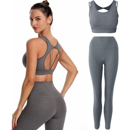 Leopard Women Sport Set 2 Piece Hollow Bra+Leggings Female Sportswear Yoga Sets Women Gym Clothes Tights Mujer Active Wear Women