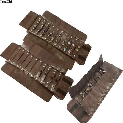 Mini Earring Storage Holder Roll Bag Brown PU Bracelet Bangle Stud Travel Roll Bag Jewelry Organizer Exhibition Show Case