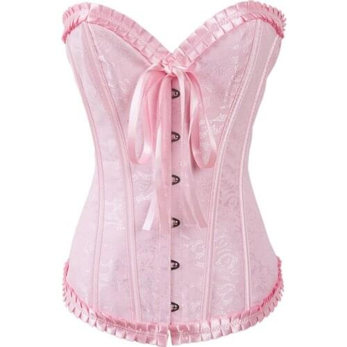 Fashion Lotus Leaf Lace Pink Jacquard Corsets Waist Trainer Overbust Body Shapewear S-2XL
