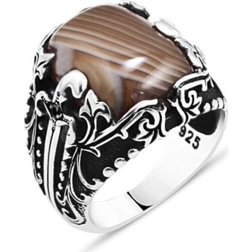 Agate Stone Silver Men 'S Ring