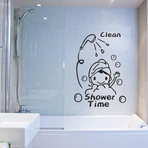 Clean Shower Time Cute Little Girl Child Bathroom Glass Door Wall Stickers Home Decoration Stickers