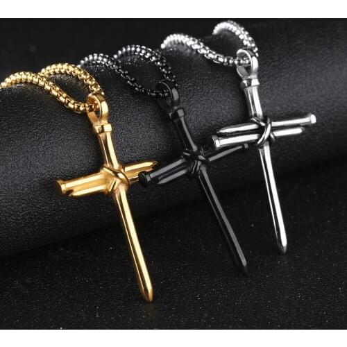 2019 New Cross Necklace Men Punk Nail Styling Pendant Necklace Black Gold Silver Tone Chain Creative Necklace Women Gifts