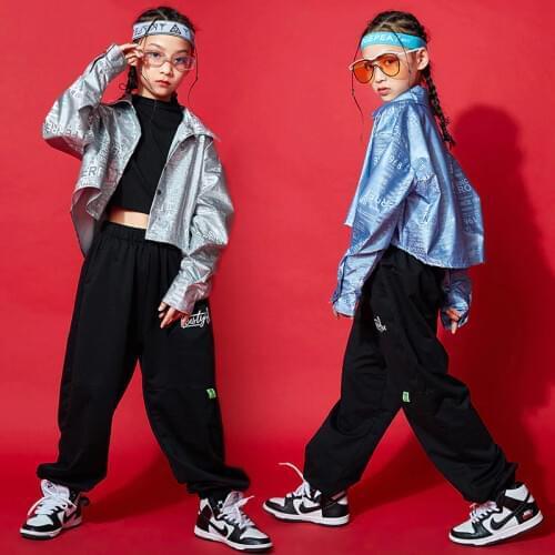 Hip Hop Clothing For Girls Silver Tops Jacket Black Pants Jazz Costumes Kids Hip Hop Dance Show Outfit Stage Clothes Wear BL5414