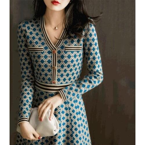 Fall Long Sleeve Sweater Dress Jacquard Check Pattern Womens Long style Sweater Dress Brand Design Bohemian style Knit Dress