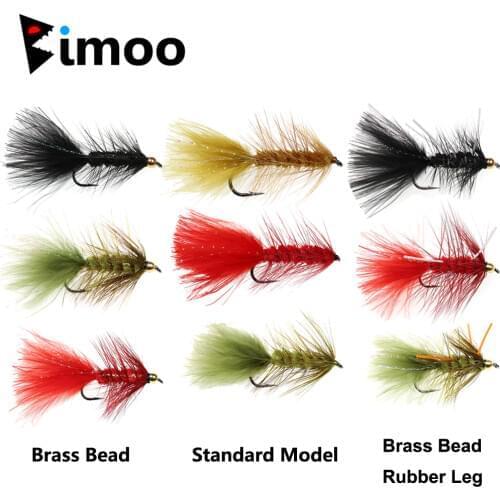 Bimoo 5pcs Woolly Bugger Streamers Fly Brass Head Rubber Legs Fishing Flies Pike Bass Rainbow Trout Fishing Lures Red Black