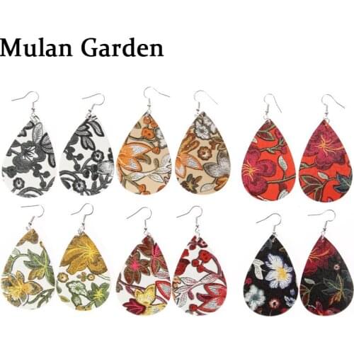 M&G 6 Patterns Vintage Printing Flower Water Drop Earrings Simple Personality PU Leather Earrings Women Accessories Jewelry Gift