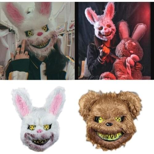 Scary Mask Bear Rabbit Bunny Mask Bloody Plush Head Mask Halloween Cosplay Costume Props Halloween Party for Women Men