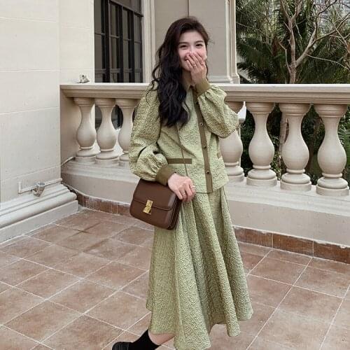 Two Piece Outfits for Women Fashion Long Sleeve Shirt Style Jacket Coat High Waist Big Swing Skirt Elegant Vintage 2PCS Sets