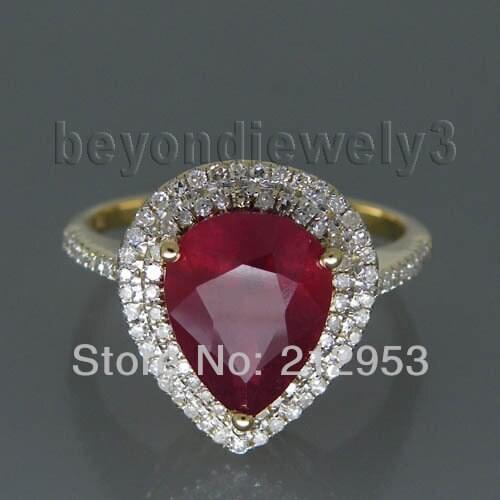 Vintage Ruby Diamond Gold Ring, 585 Yellow Gold Natural Red Ruby Ring Pear 8x10mm Stone Jewelry SR10