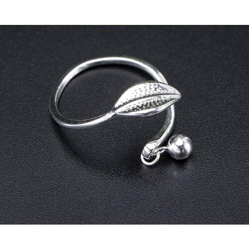 VLA 2021 New Simple Geometric Round Bead Ring Womens 925 Sterling Silver Creative Willow Leaf Ring Adjustable