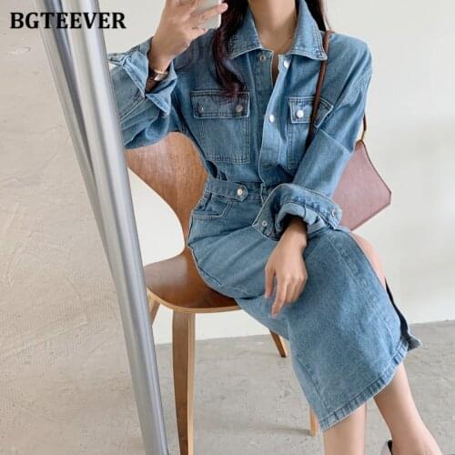 BGTEEVER Vintage Women Single-breasted Denim Dress Full Sleeve Pockets Slim Waist Female Straight Jeans Dress Spring Vestidos
