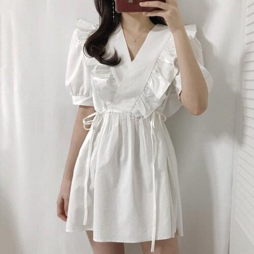 V-neck Cross Ruffle Patchwork Tie Waist Puff Sleeve A-LINE Solid Knee-Length Casual Dress for Women X460