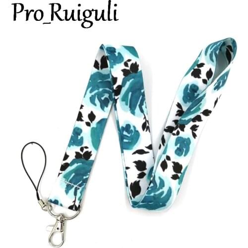 30pcs Blue Flower Rose Lanyard Keys Phone Holder Funny Neck Strap With Keyring ID Card DIY Animal webbings ribbons Hang Rope