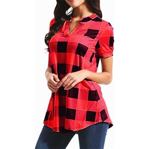 Summer Plaid Print Women Blouse Irregular Hem Plus Size Blouses Casual Loose Short Sleeve V Neck Work Shirts Woman Tops