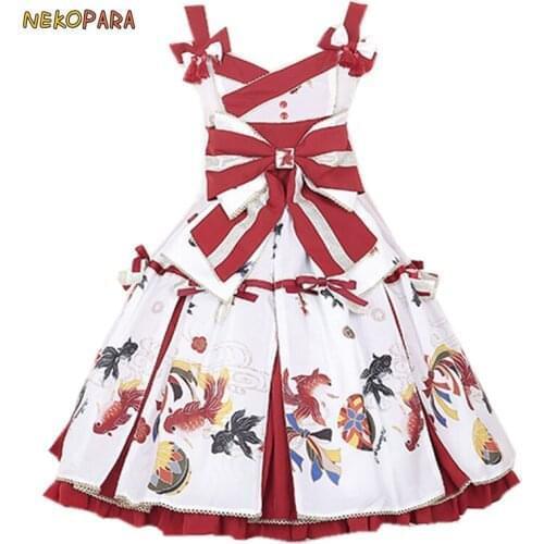 "Girls Day Dream" Womens Lolita JSK Dress Sleeveless High Waist Suspender Dress Goldfish Print Big Bow Tassel Dress 4 Colors