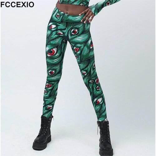 FCCEXIO 220gsm Double Side Brushed Milk Silk Print Demon Eyes Pattern Women Pant High Waist Plus Size Fitness Elastic Legging