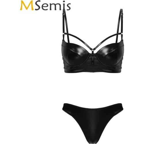 Women Underwear Sets Shiny Leather High Cut Bikini Thong with Push up Padded Strappy Bra Sexy Wetlook Bikinis Lingerie Beachwear