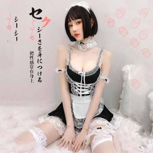 Japanese Kawaii Maid Cosplay Costume Lace Deep V Hollow Ladies Nightdress Thong Suit Sexy Uniform Temptation Adult Sex Clothing