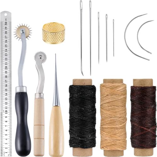 LMDZ Leather Sewing Tools Kits with Tracer Tracing Wheel And Waxed Thread Large-Eye Stitching Needles and Awl for Leather Crafts