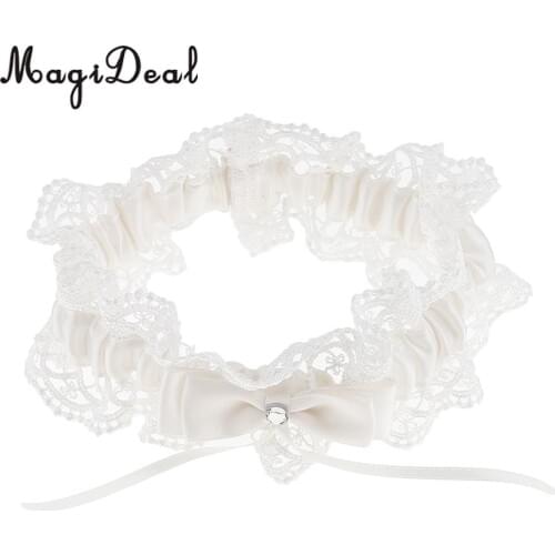 MagiDeal Wedding Bride Keepsake Lace Flower Crystal Bowknot Bridal Women Garter Beige
