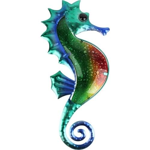 Metal Seahorse Wall Decoration with Painting Glass for Garden Miniature Decoration Outdoor Statues Home and Miniature Garden