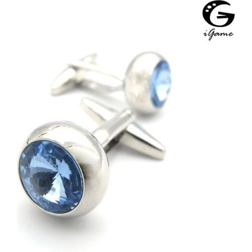 IGame Mens Crystal Cuff Links Silver Color Brass Material Blue Stone Design Shirt Cufflinks Free Shipping