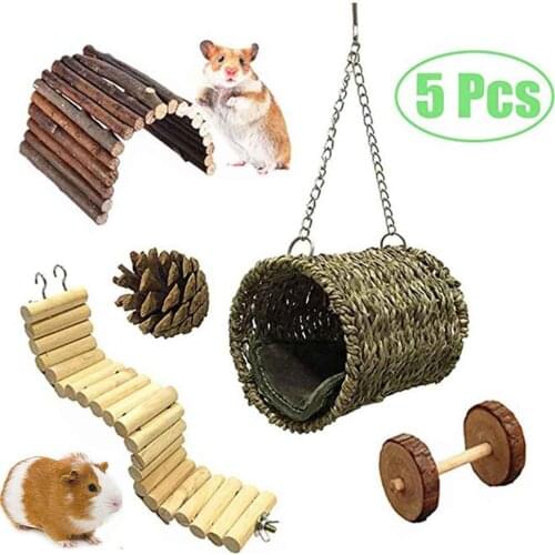 5Pcs Hamster Chew Toys Set Wooden Little Pet Toys Cage Toys Hammock Nest Swing Bridge Ladder Stairs Climbing Toys