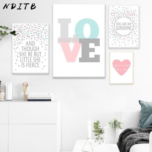 NDITB Pink Heart Dot Canvas Art Posters Love Nursery Prints Minimalist Painting Wall Picture for Baby Girls Living Room Decor