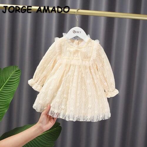 2021 New Spring Kids Girls Dress Solid Color Lace Puff Sleeves Bow Lady Style Princess Dress Baby Fashion Clothes E1104