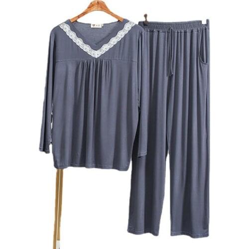 Spring And Autumn Ladies New Home Service Modal Lace V Neck Long Sleeve Trousers Pajamas Simple And Fashionable Two-piece Set