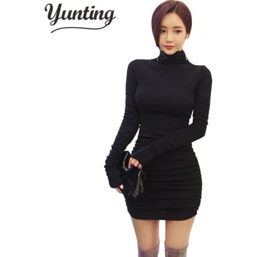 Women Autumn Winter Dresses Slim Elastic Turtleneck Long Sleeve Sexy Lady Bodycon Robe Dresses Vestidos