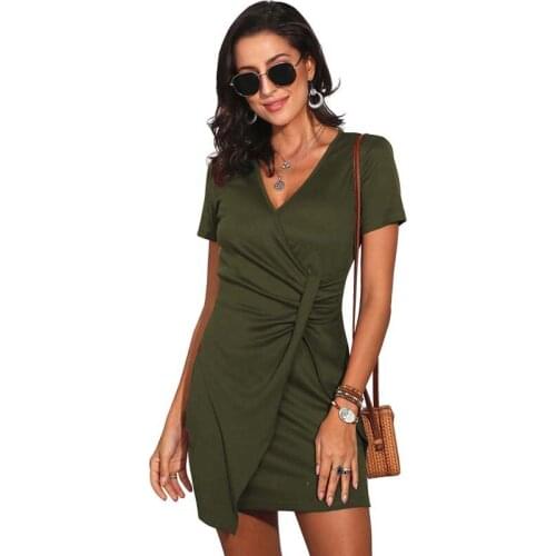 Solid Color Temperament V Neck Short Sleeve Personality High Waist Irregular Hem Dress Women Office Slim Package Hip Dresses