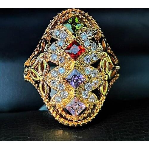 Vintage Gold Color Ring Wholesale Colorful Zircon Indian Woman Style Party Rings Fashion Jewelry