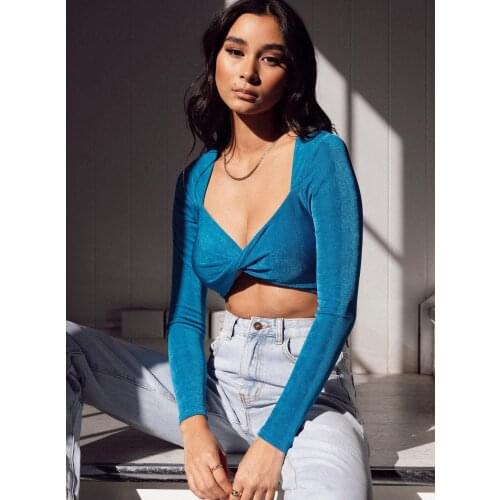 European and American womens clothing 2021 summer new Amazon sexy V-neck solid color slim long sleeve top womens clothing y2k