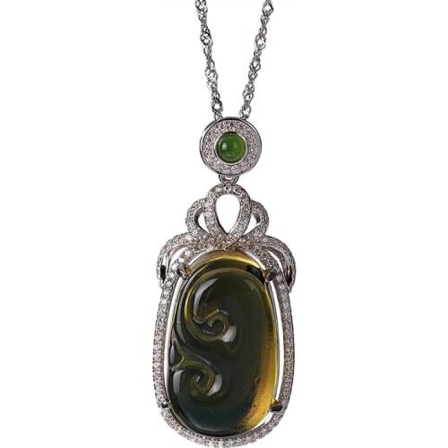 S925 sterling silver natural Mexican blue amber pendant personality affordable luxury elegant lady necklace set pendant