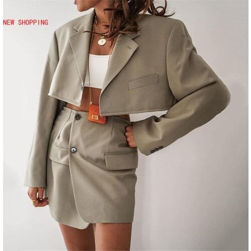 Spring Autumn Sexy Streetwear 2 Piece Outfits for Women New Two Piece Set Women Suit Blazer Crop Tops Mini Skirt Set Grey Black