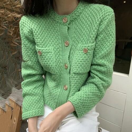 French style small fragrance knitted cardigan women vintage single breasted top short sweater