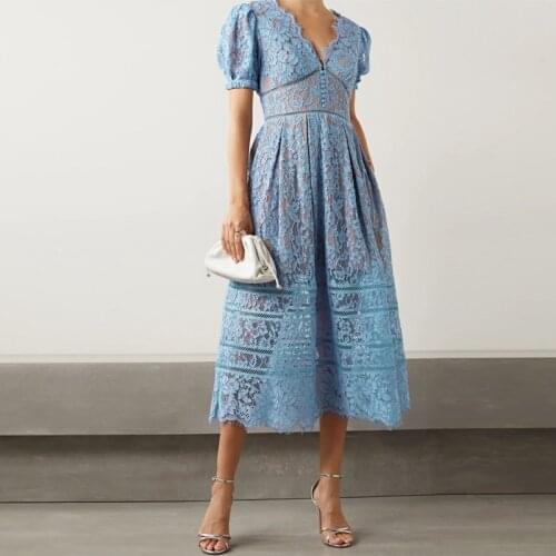 2021 New British Style Retro Court Women Lace Dress Stitching Sexy V-neck High Waisted Slim Ladies Dress