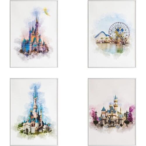 Watercolor Disney Princess Dream Castle Canvas Painting Abstract Cartoon Posters and Prints Wall Art Pictures for Kid Home Decor