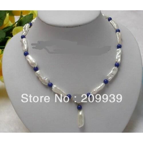 Free shipping 20mm white freshwater pearls &blue lapis lazuli beads necklace pendant 18INCH